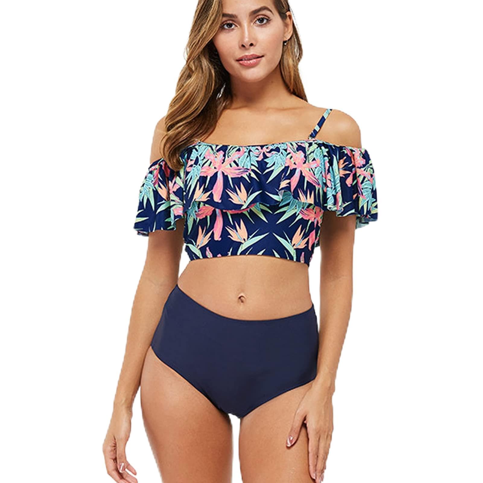Maillot de bain bikini taille haute à volants bleu clair XL