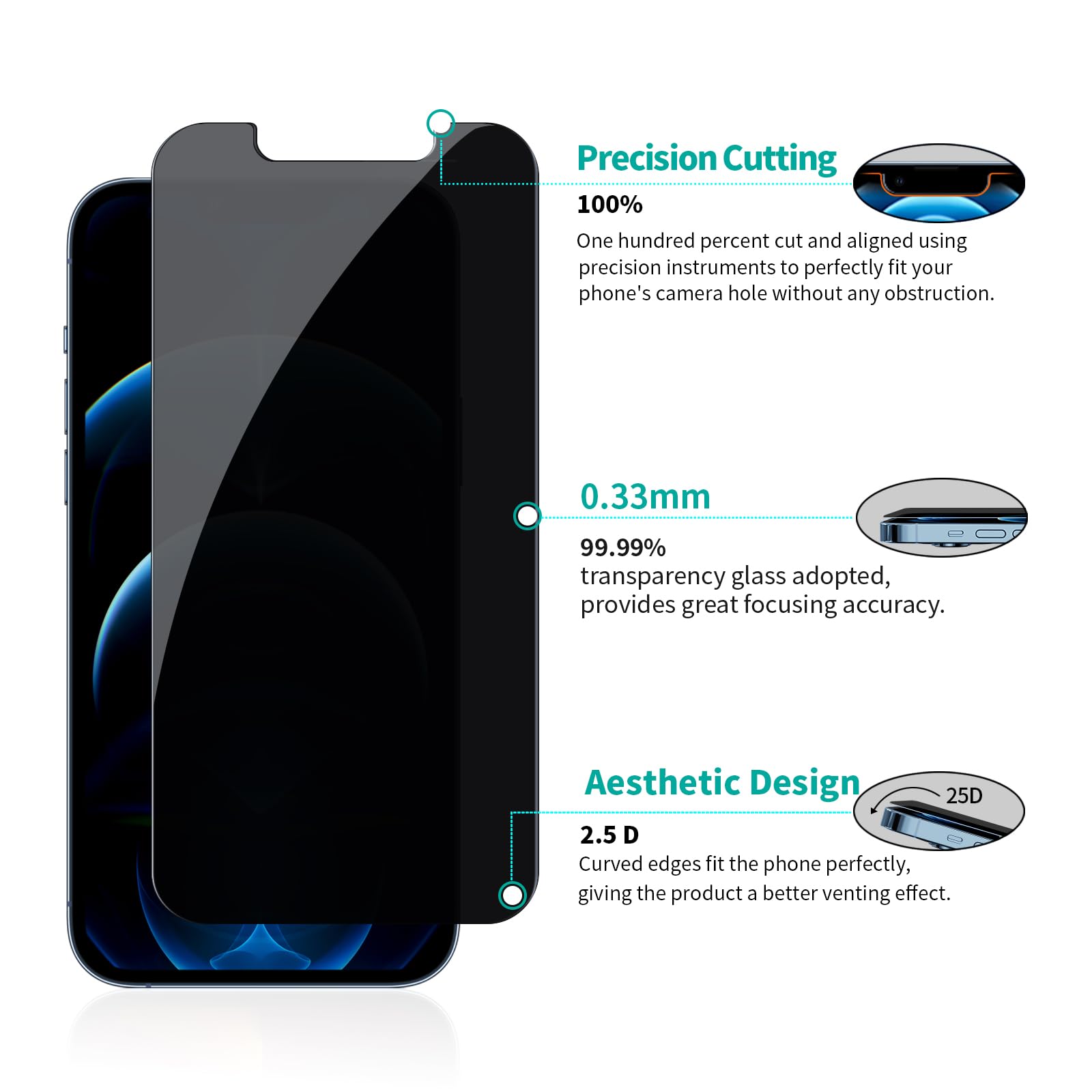 Nillkin Vetro temperato per Apple iPhone 12 Pro Max (6,7 pollici) 3D Guardian copertura completa privacy da bordo a bordo vetro 0,33 mm nero