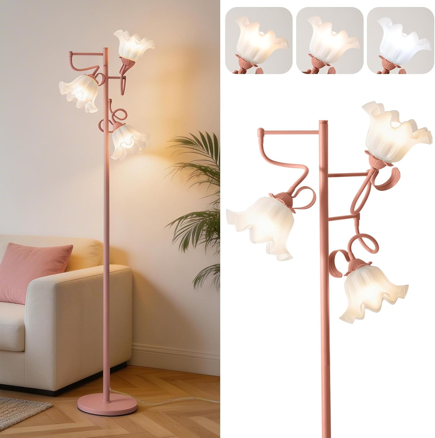 Pink Flower Floor Lamp for Living Room, Cute Standing Lamp with 3 Bulbs, Floral Tall Lamp with 3 Color Temperature, Foot Switch, Elegant Floor Lamp for Bedroom Girls Kids Reading Corner Home
