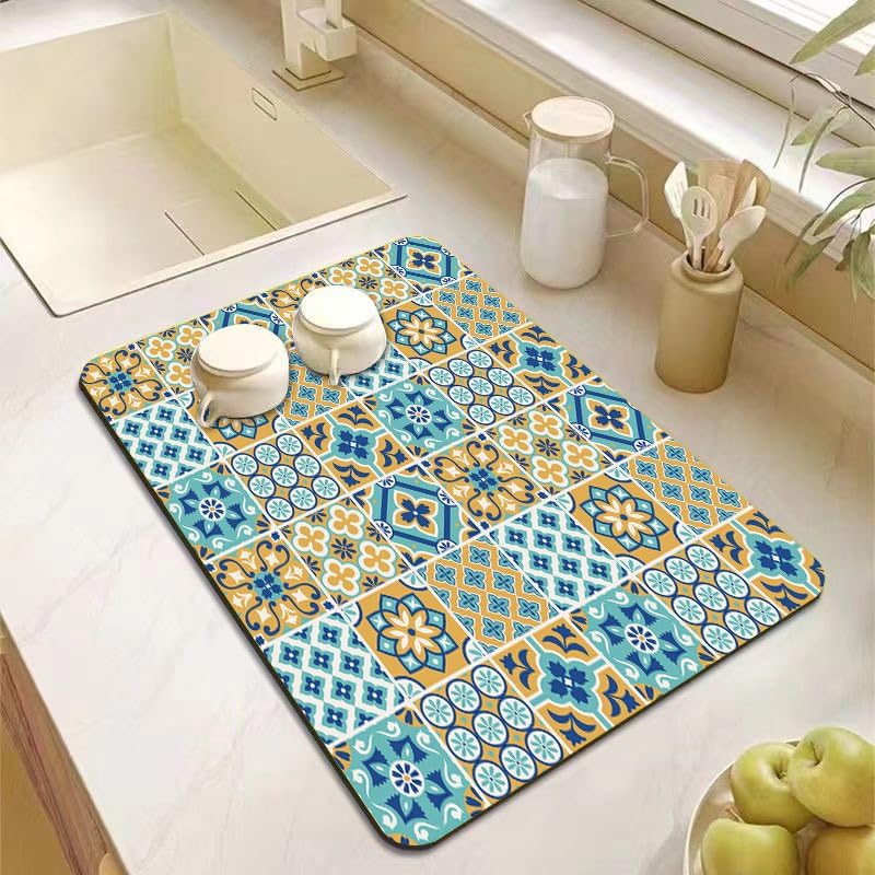 Image of HomeCloud Super Absorbent Dish Drying Mat for Kitchen Counter - Non-Slip, Heat-Resistant Rack Pad - Hides Stains, Ideal for Dishes, Coffee Maker, and Kitchen Appliances (Blue Squares Multi, 50x40 cm)
