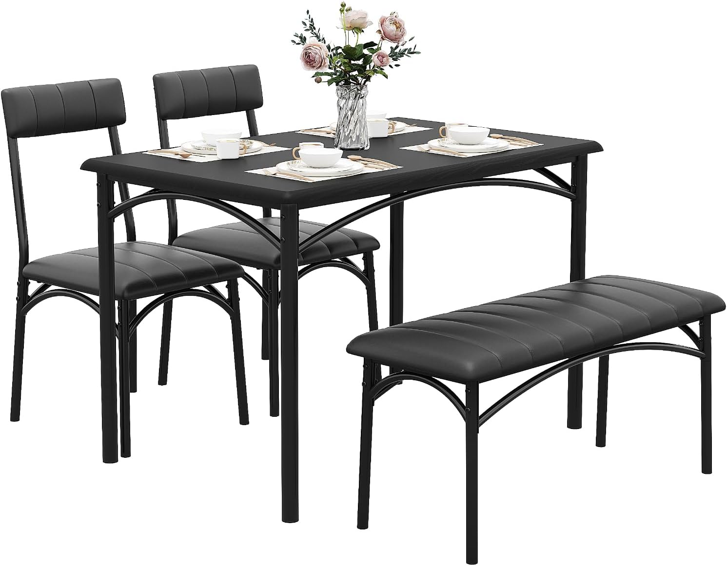 Garvee 4-Piece Dining Table Set for 4, Industrial Kitchen Table with 2 Chairs and Bench, Space-Saving Dinette Set with Metal Frame for Small Space, Dining Room, Apartment (SIMILAR TO STOCK) (INCOMPLETE)