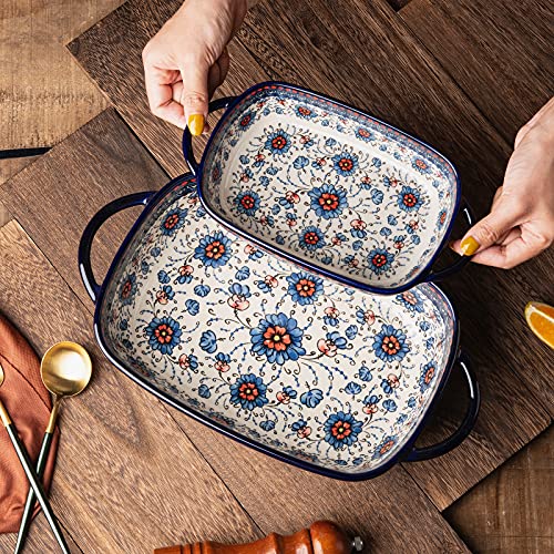 Onecci Baking Dish Ceramic Baking Pan Blue Casserole Dish Rectangular Baking Set 2Pcs Bakeware Sets Lasagna Pan Baking Dishes For Oven (Blue Plasma Grass) #TOP3