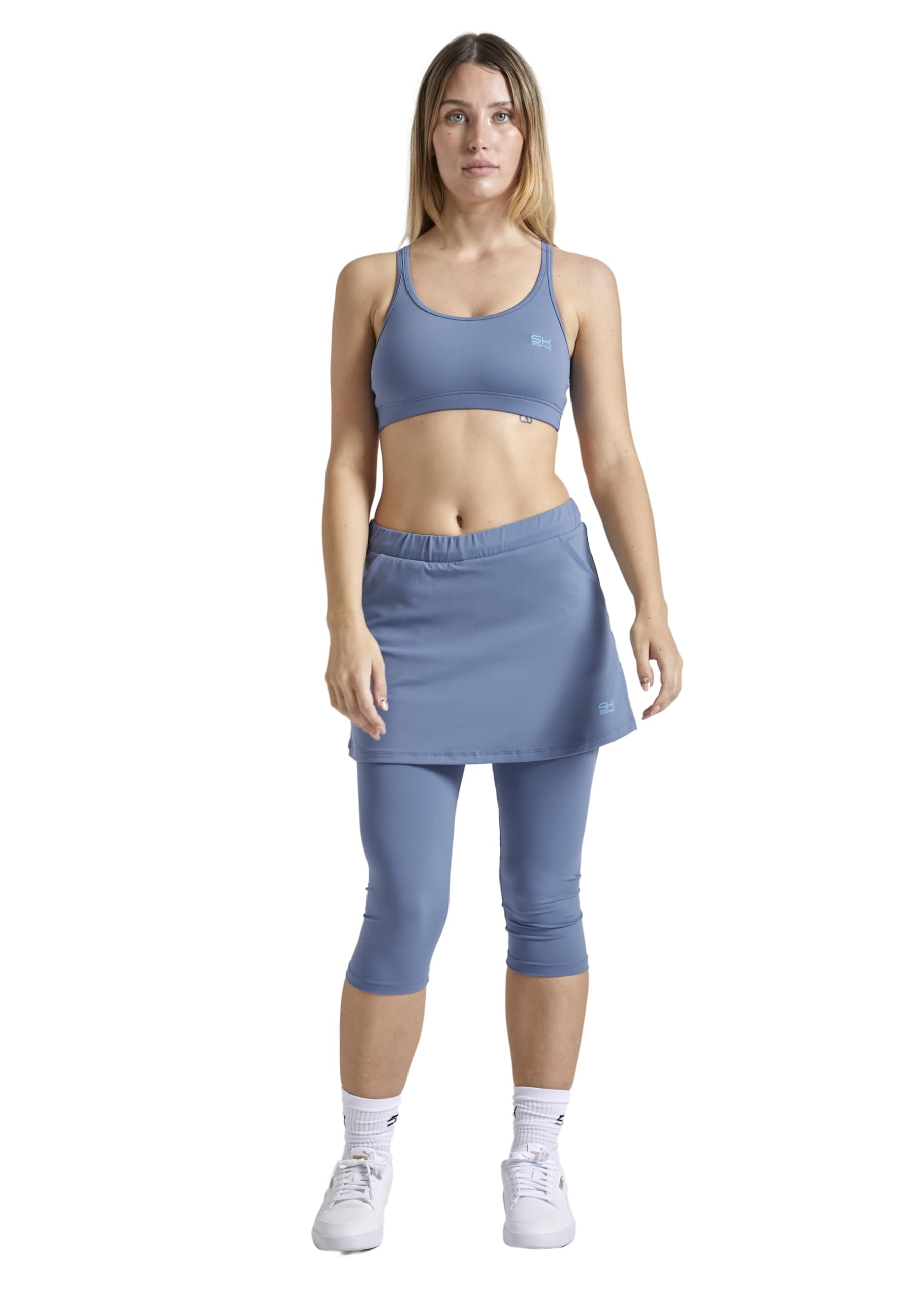Sportkind Mädchen & Damen 2-in-1 Tennisrock mit Taschen & 3/4 Capri Leggings, Laufrock, Yogahose mit Rock, Sport Skapri