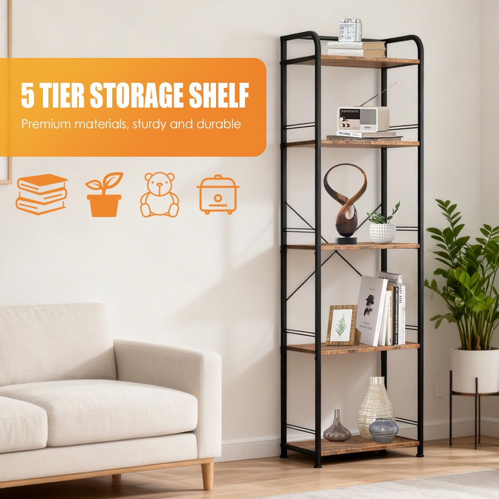 Estantería Industrial de 5 Niveles con Estantes de Madera | Marco Metálico Negro, 151 × 43 × 28 cm, Capacidad de 110 lb, Ideal para Salón, Oficina o Dormitorio