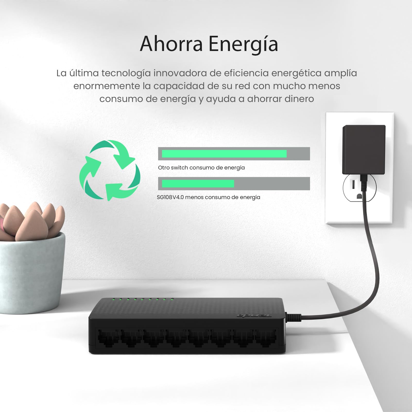 Tenda SG108 Switch Ethernet Gigabit de 8 Puertos, 10/100/1000 Mbps, RJ45, IEEE 802.3X, MDI/MDIX Automático, Modo Dúplex Completo, Plug y Play, No administrado, Sin Configuración, Silencioso, Negro