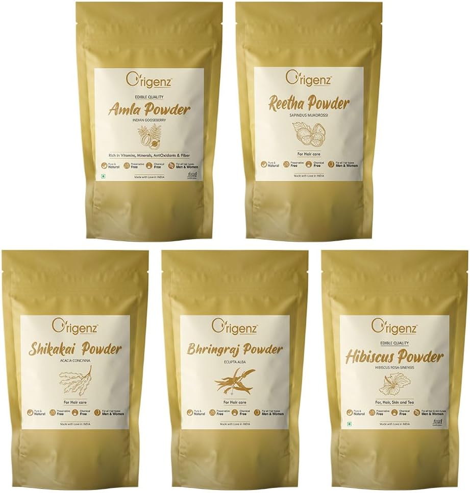 Origenz Hair Care 5 Powders Combo 1250 Gm (1.25 Kg) - Amla Reetha Shikakai Bhringraj Hibiscus Powder Pack for Wash, Healthy Scalp, Nourishment, Mask, Helps to Control Dandruff, Hairfall | Natural Cleanser | In Pouch (250 gm X 5)