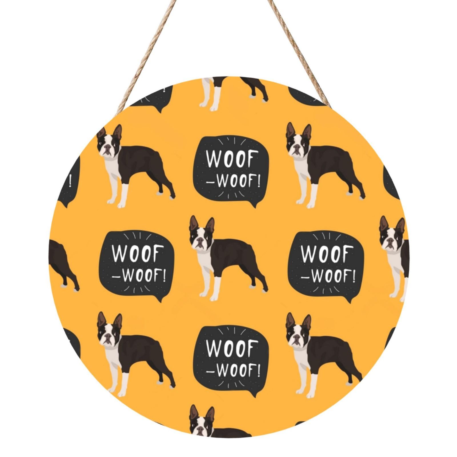 InOmak Boston Terrier Puppy Pattern, Round Wood Panel Painting 12 in, Wall Hanging Painting For Home