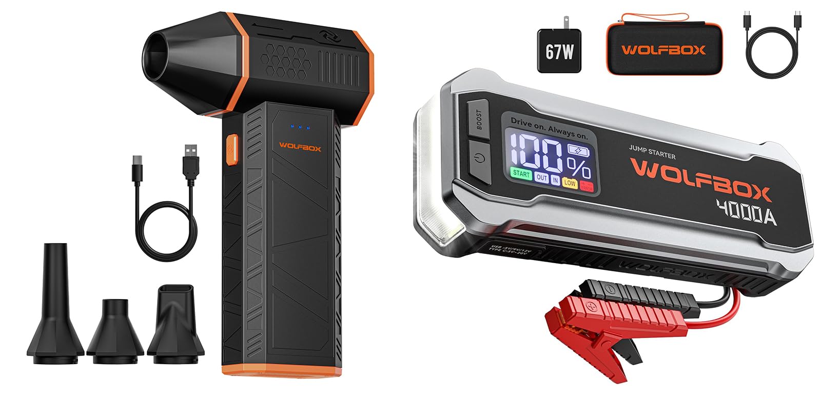 WOLFBOX 4000A Jump Starter,12V Car Battery Jump Starter with 65W Quick Charger & WOLFBOX MF50 Electric Air Duster-110000RPM Super Power Cordless Air Duster