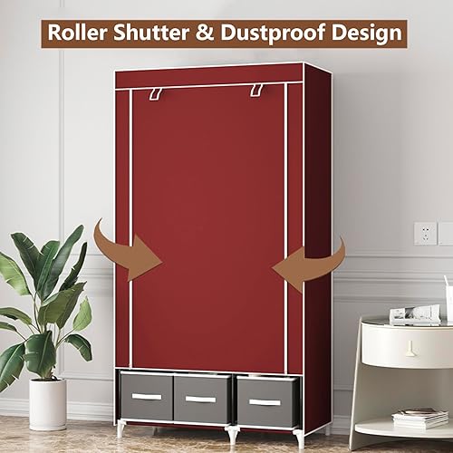 Miniatura 6 de Armario portátil, armario de almacenamiento de ropa con estante colgante y cajas de 3 cajones, puerta enrollable de tela no tejida, organizador de