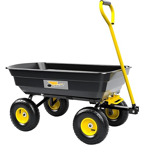 Garden Dump Cart, Heavy-Duty Utility Wagon with 600 lb Capacity, 4 Cu Ft Bed, 10" Pneumatic Tires, 180° Pivot Steering for Yard, Lawn, and Beach Use