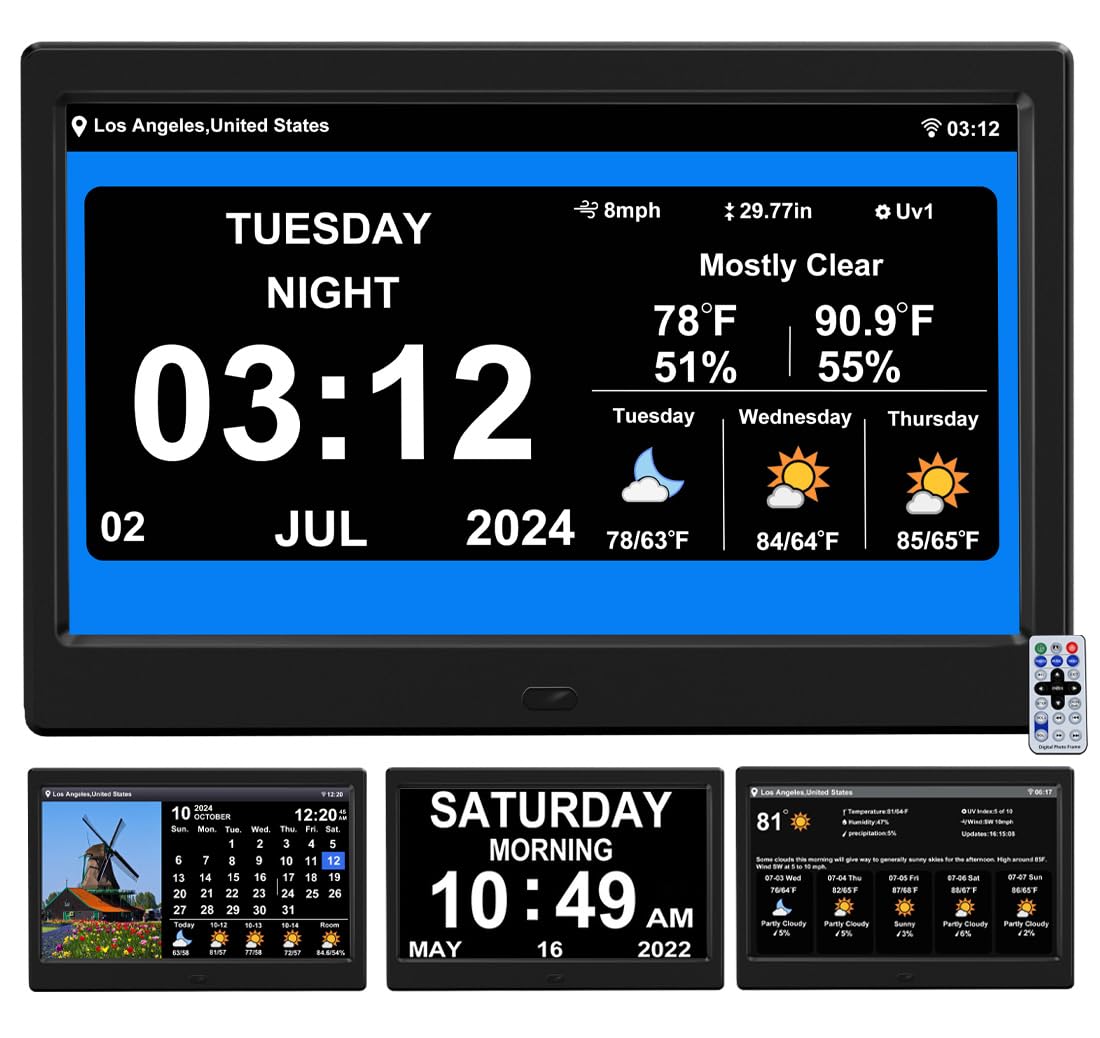 Reloj de calendario digital con alarma de día y fecha, con temperatura climática, humidificación, demencia, Alzheimer, ancianos, regulable, automático, 8 opciones de alarma (10.1 pulgadas