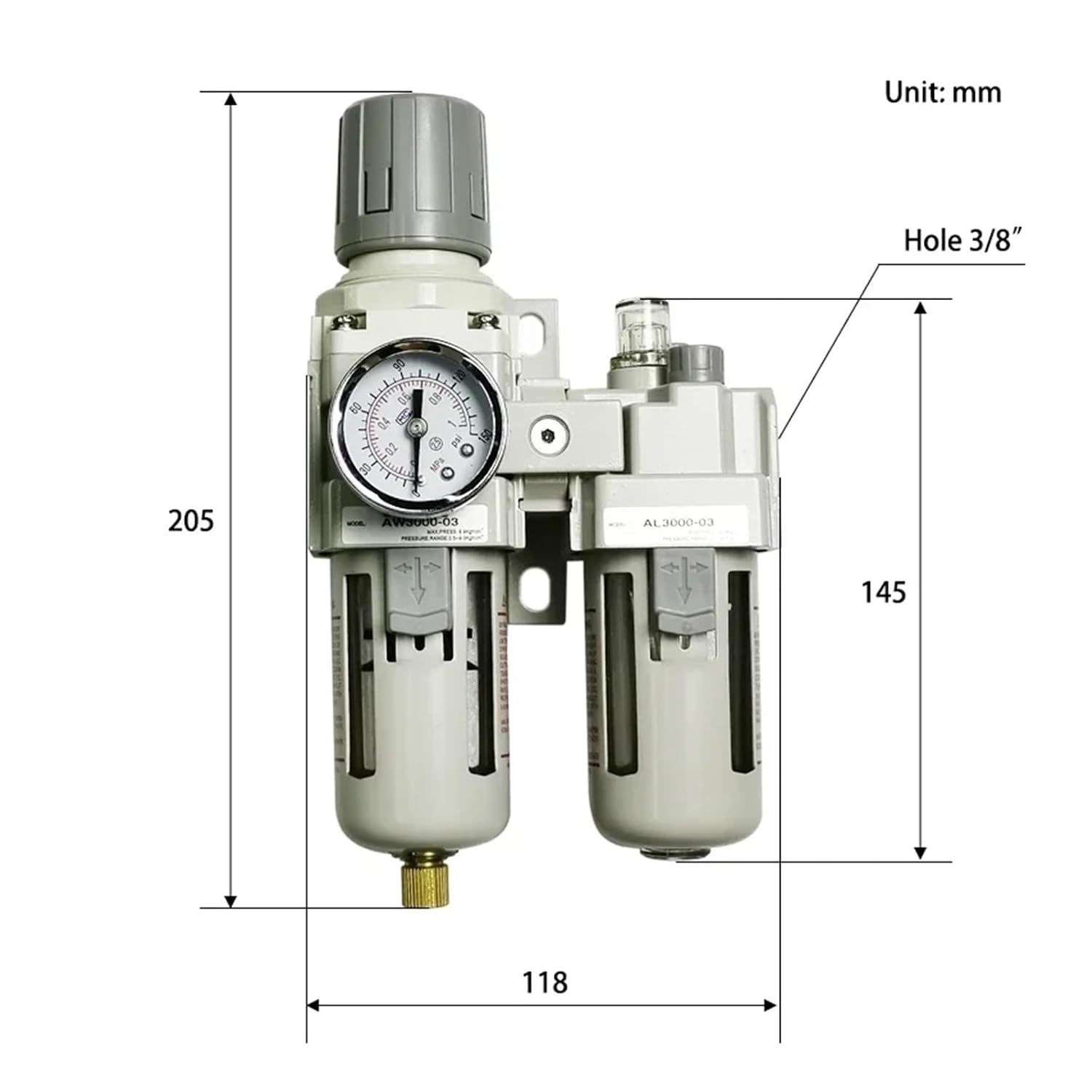 AC2010-02 AC3010-03 AC4010-04 Pneumatic Pressure Regulator Oil-Water Separator Manual Drain Compressor Air Filter Moisture Fiber Filter(AC4010-04 PC6-04)