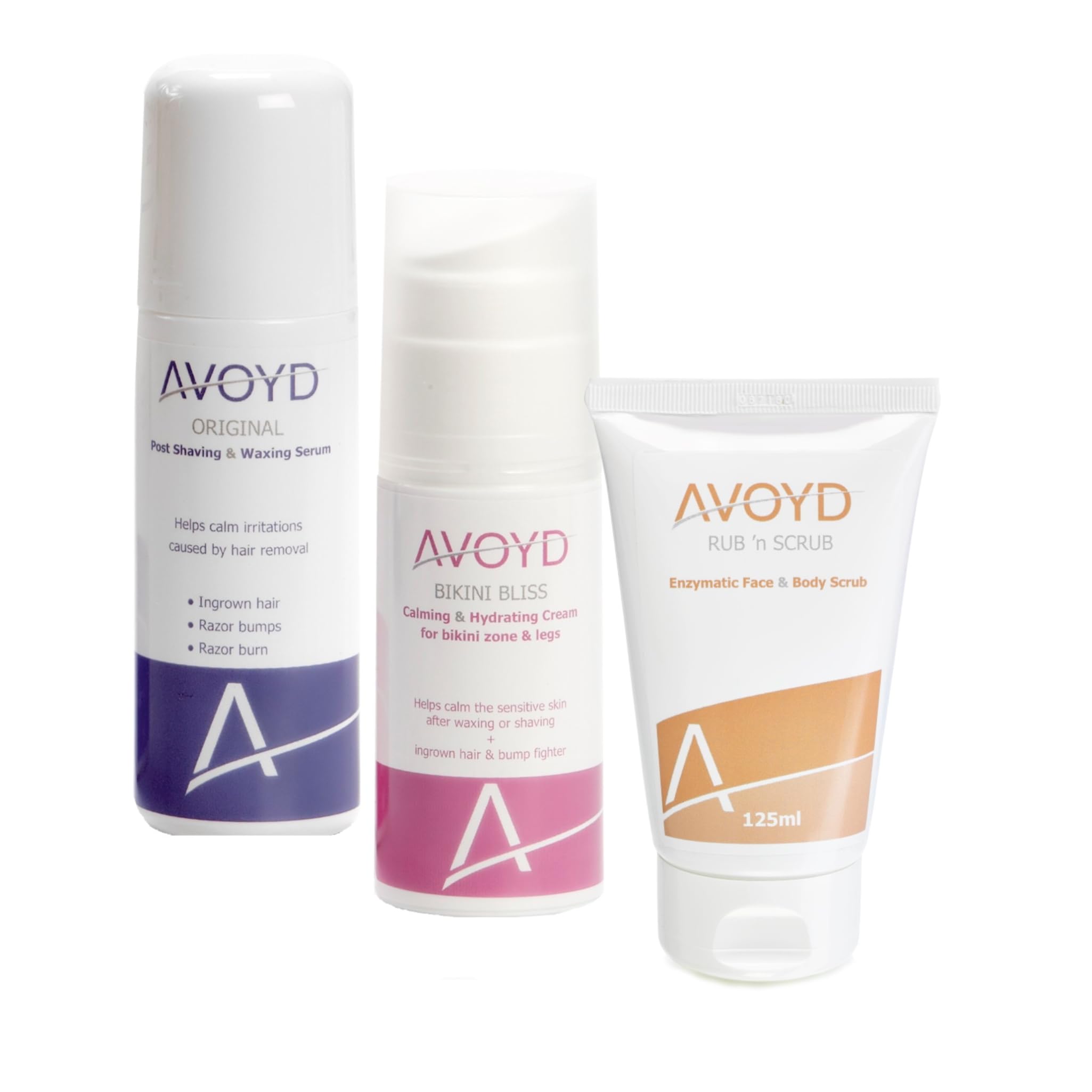 AVOYD Comfort Plus Paket für Frauen gegen Rasierpickel, Rasurbrand und eingewachsene Haare – für glatte Haut nach der Haarentfernung. Avoyd Original + Bikini Bliss + Rub 'n Scrub.