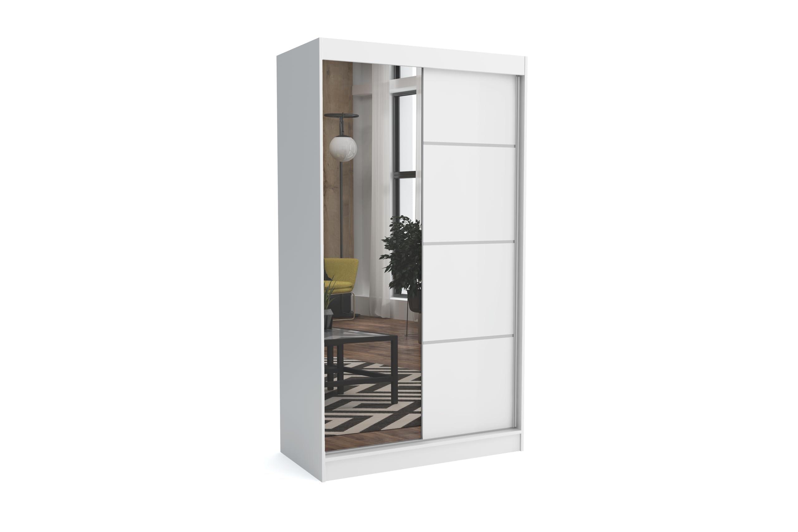 Brent - Kleiderschrank mit Spiegel Tom, 100cm Breit, Schlafzimmerschrank mit 1 Kleiderstange und Einlegeböden für Kleidung, Kleiderschrank Weiß