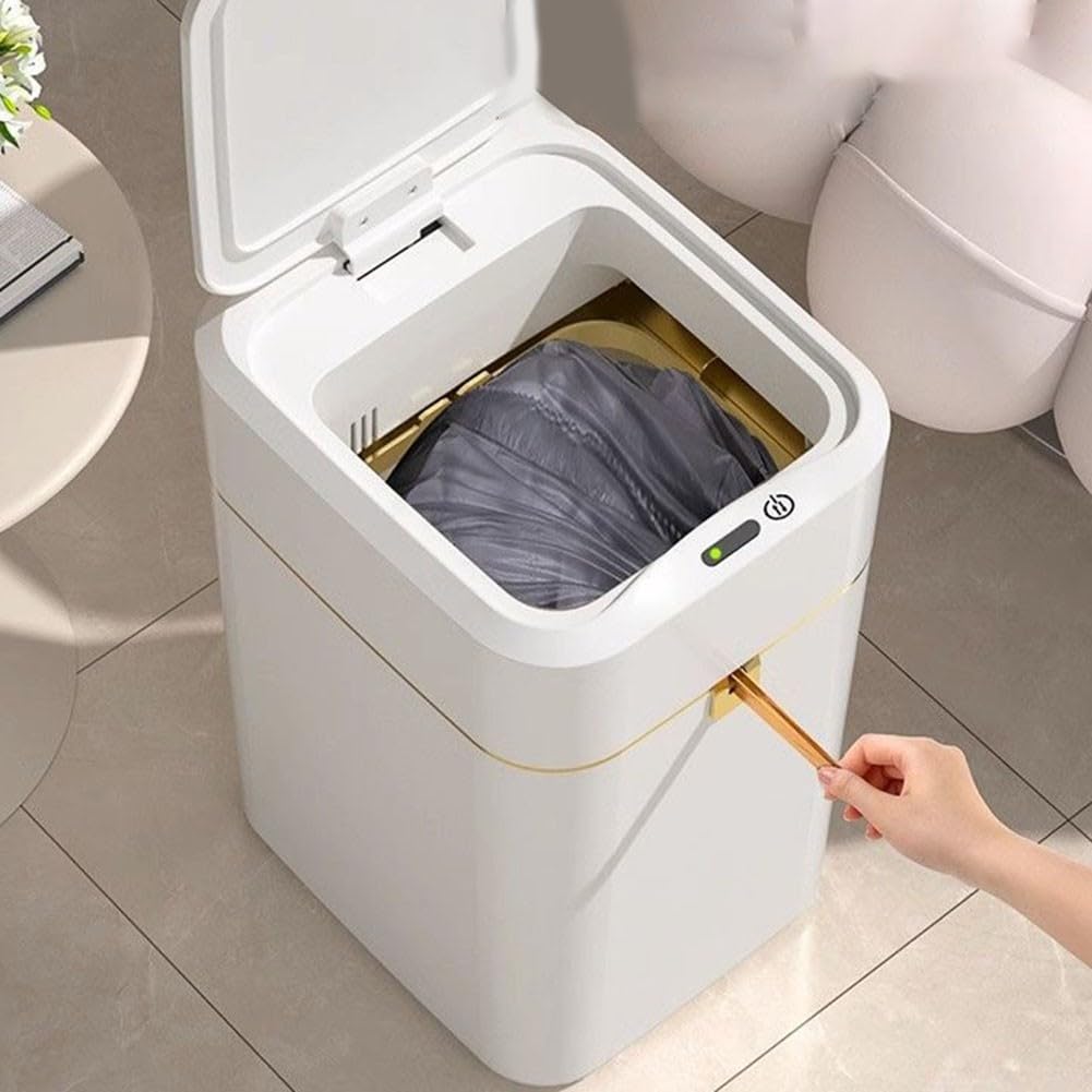 Cubo de basura eléctrico inteligente con apertura de tapa de sensor de movimiento para salas de estar e inodoros domésticos, ahorro de espacio y diseño fácil de limpiar (A)