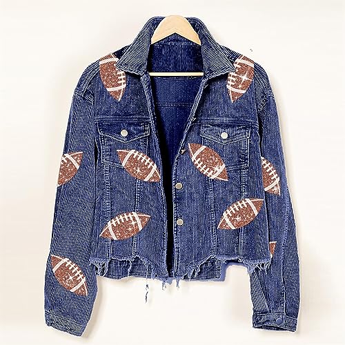 Cropped Corduroy Jacket Women Football Sequin Patched Short Button Raw Hem Jacket Coat Casual Long Sleeve Shacket4