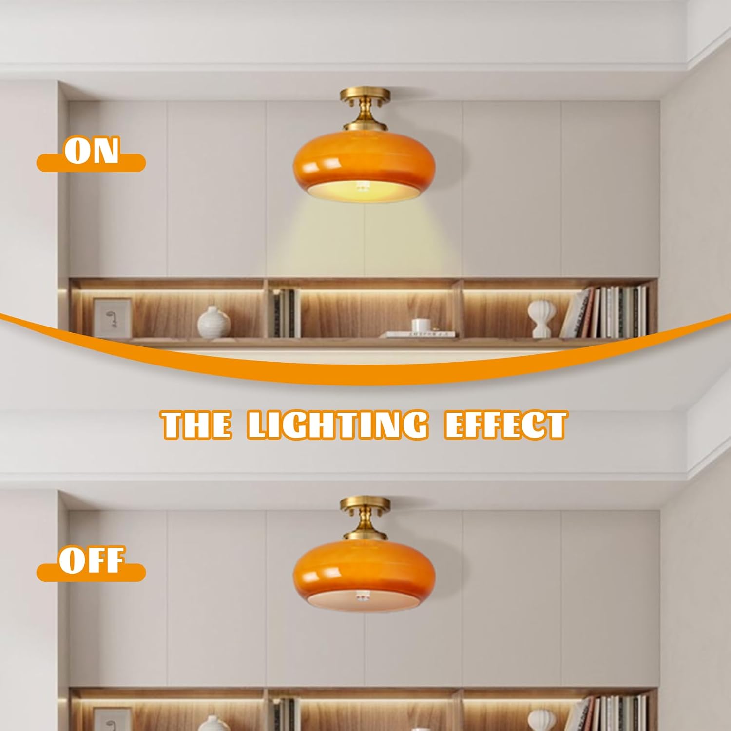 Mid Century Modern Semi Flush Mount Ceiling Light, Orange Vintage Glass Ceiling Lamp for Kitchen Hallway Living Room Entryway Bathroom Light Fixture