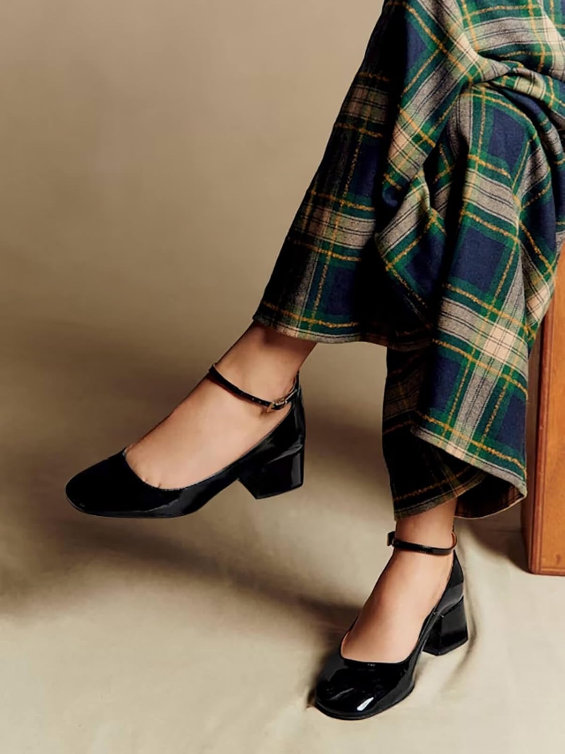 Coutgo Womens Chunky Low Heels Closed Square Toe Ankle Strap Pumps Wedding Prom Dress Shoes - Image 3