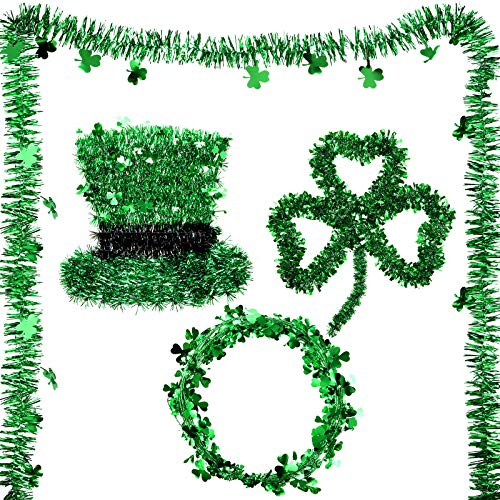 WILLBOND 4 Pieces St. Patrick\'s Day Green Tinsel Garland Include Shamrock Wreath, Wire Garland and Leprechaun Hat for Irish St Patrick Party Favor Home Wall Decorations