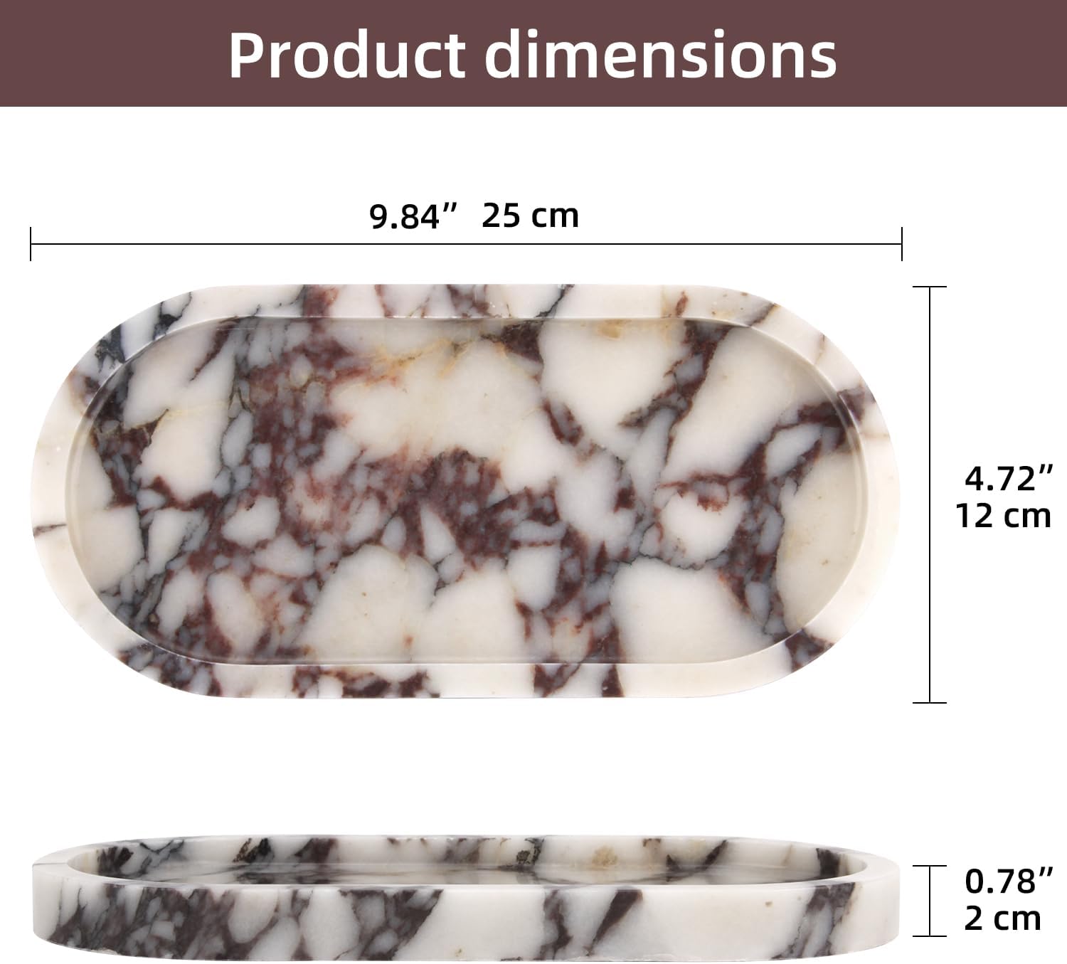 Natural Marble Tray Oval, Bathroom Vanity Tray for Countertop, Elegant Stone Decorative Organizer for Perfume, Jewelry, Home Decor (1, Calacatta Viola, 10 x 5 x 0.6)