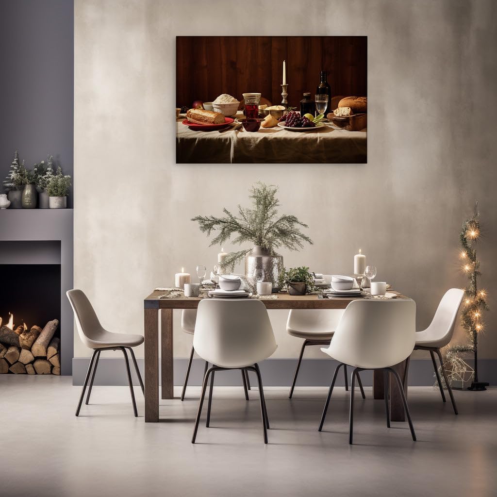 Canvas for Living room. A Rustic Feast for the Senses: Elegance Meets Homeliness at the Dinner Table, 27 x 18 inch Canvas Wall Art - Ready to Hang - 69x46 cm (27x18 inch)