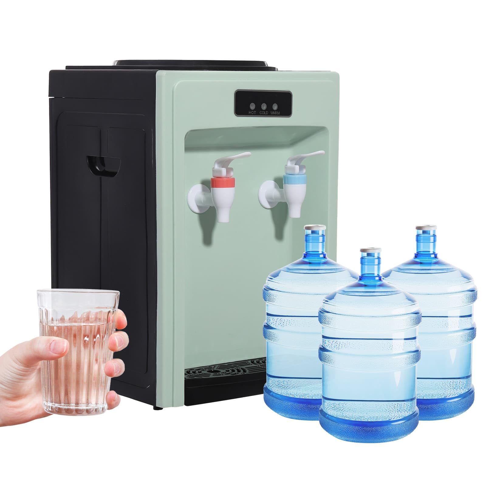 Elektryczny dozownik wody, fontanna wodna, ciepła (90°C) i zimna (15°C), ogrzewanie 550 W / chłodzenie 75 W, PP i stal nierdzewna 304, do domu/biura (zielony)