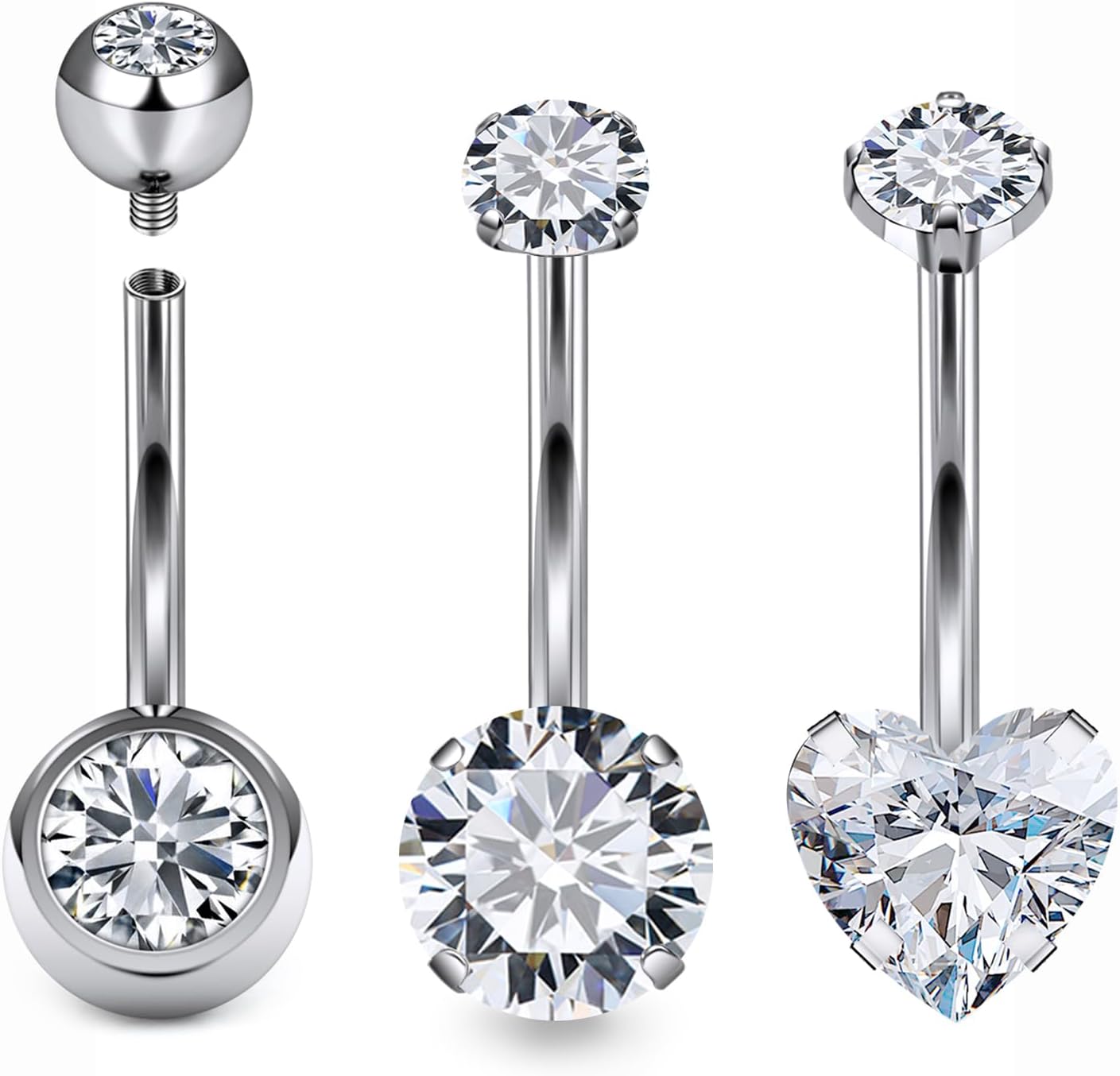 Belly Button Rings Surgical Steel Internally Threaded Belly Button Ring 10MM/12MM/14MM/16MM Navel Rings for Women Clear CZ 14G Long Bar Navel Piercing Jewelry