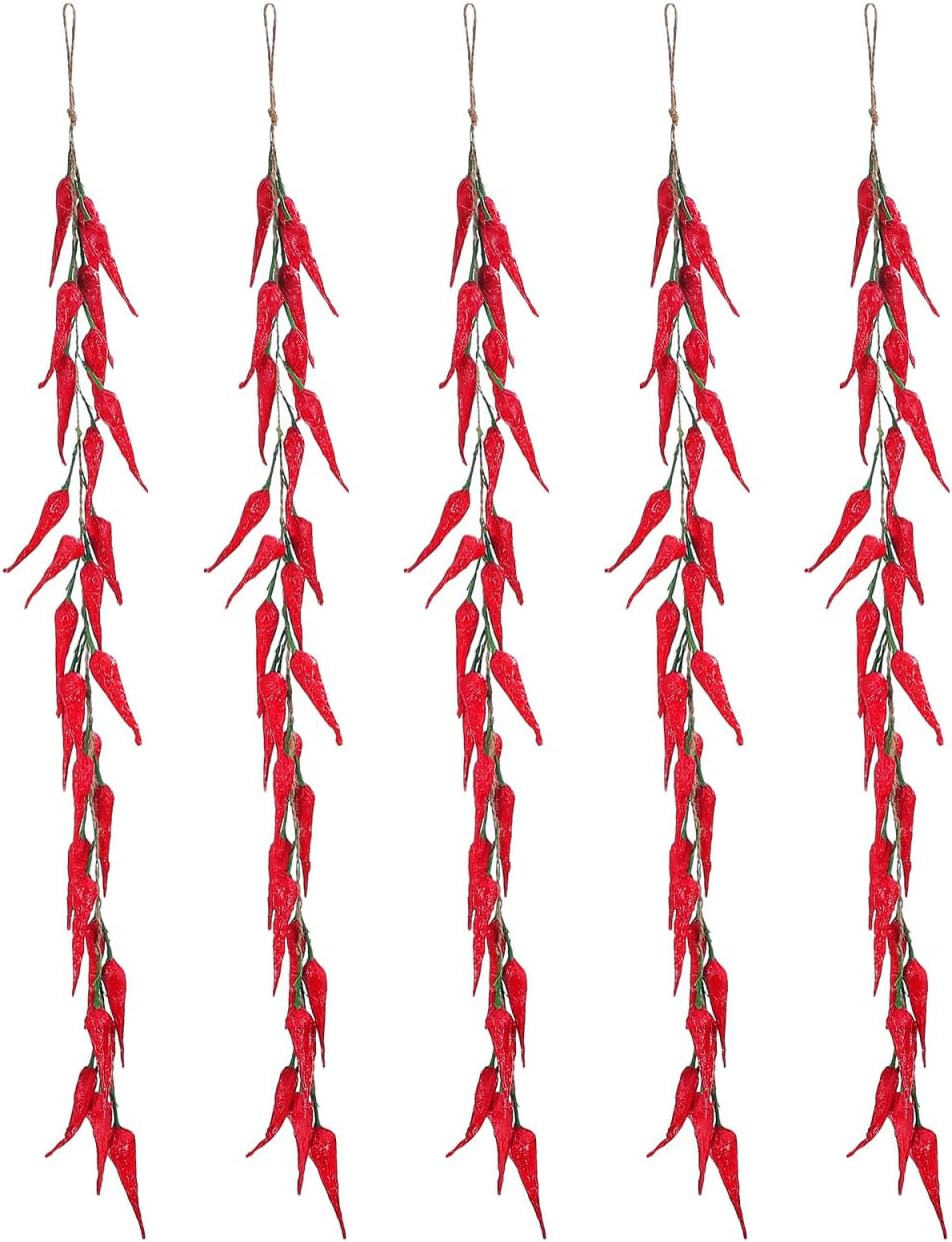 Happyyami Artificial Pepper String Lifelike Red Chili Pendant Dry Chili Garland for Kitchen Home Restaurant Party Decoration 22.83X2.95X0.39In Set of 5