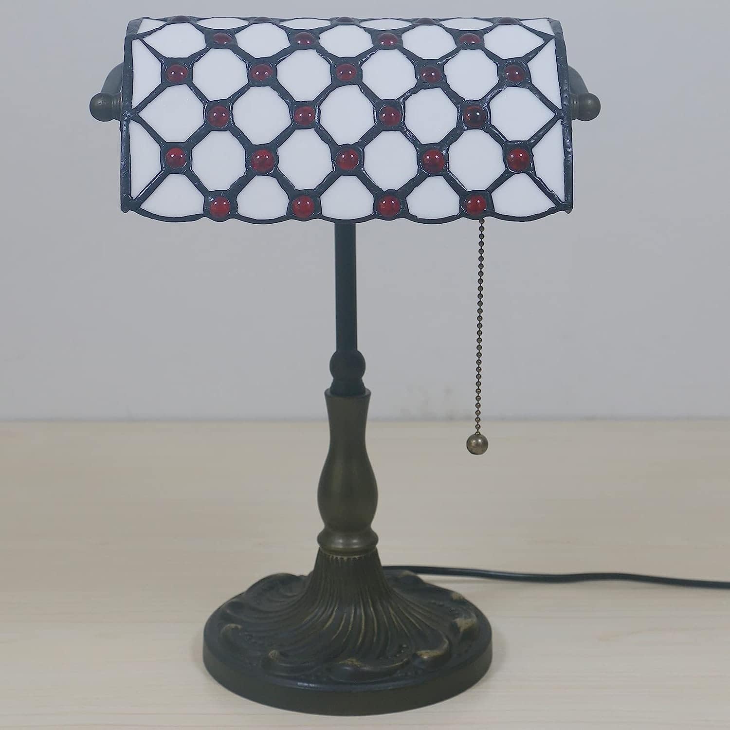 Bankiers Tischlampe, farbige Glaslampe, Kristallperlenschreibtischlampe, Schlafzimmer in der Nacht Leselampe (weißer rotes Glasperlen Schatten) Innovate