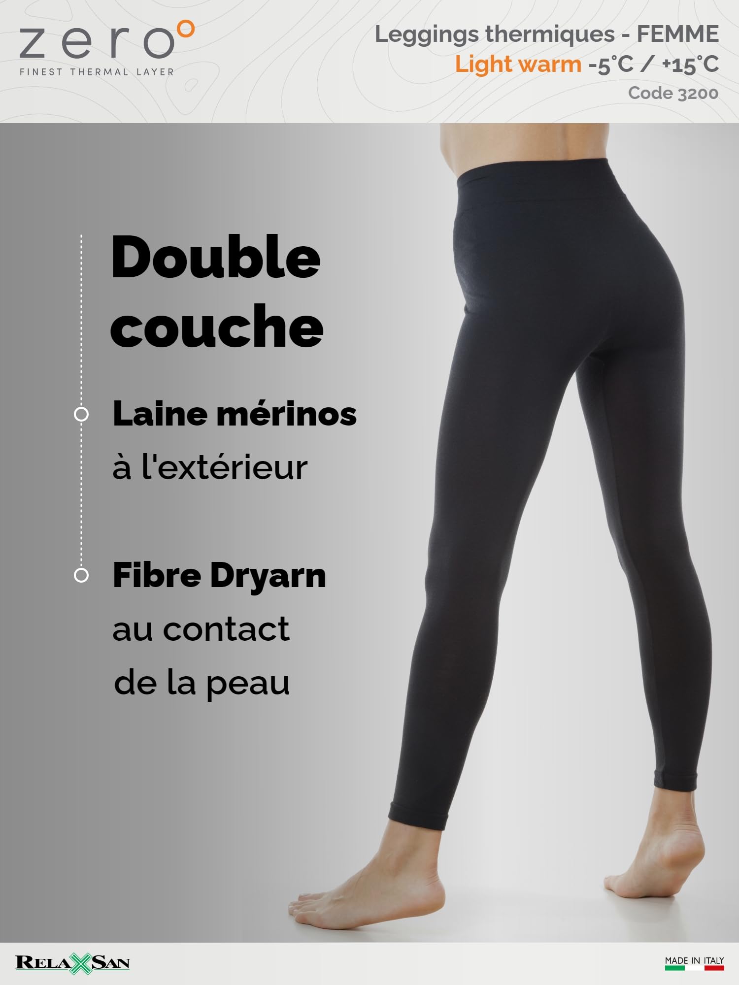 Relaxsan Zero 3200 – Pantalon Collant Thermique Femme caleçons Long sous-vêtements Respirant en Fibre Dryarn et Laine Mérinos