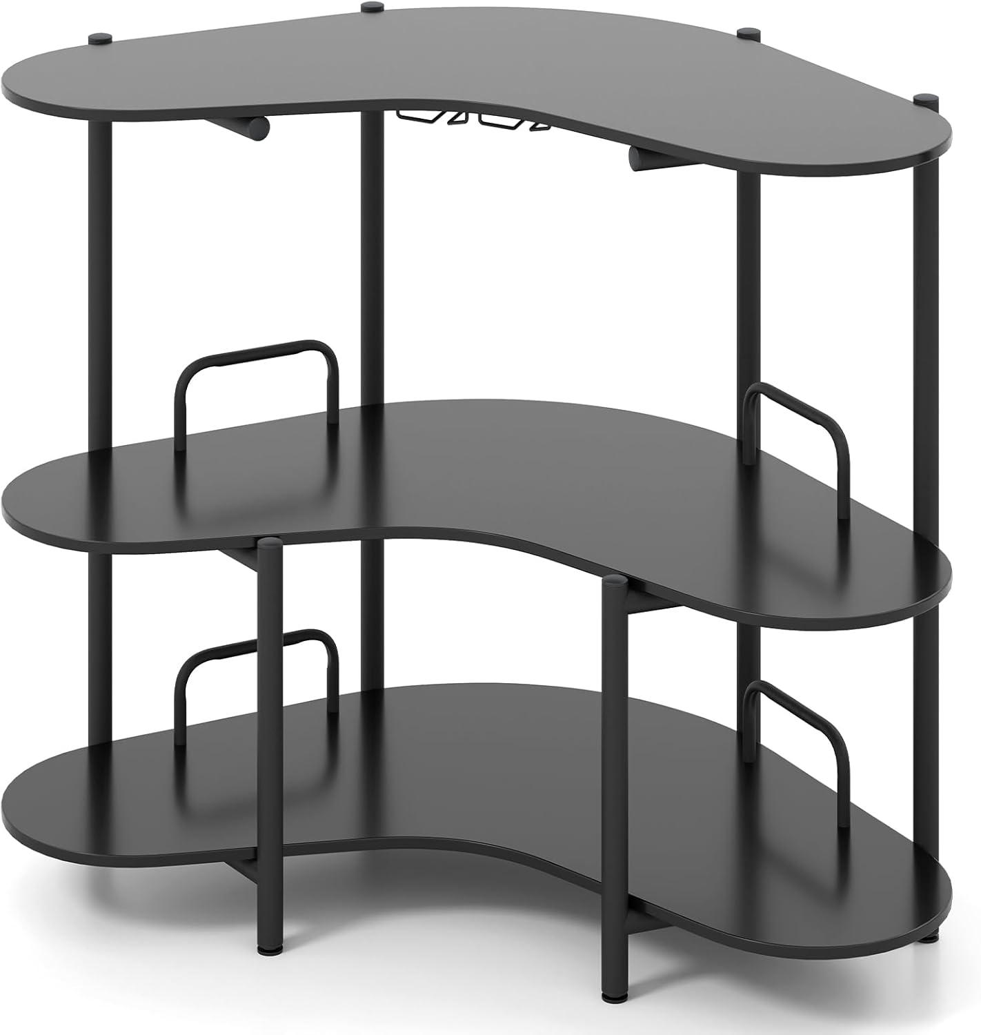 FANTASK L-Shaped Bar Table, 3 Levels Standing Bar Table Kitchen with Glass Holder, Metal Frame and Adjustable Feet, Mini Bar Wine Bar Cabinet, 120 x 66 x 102 cm (Black)