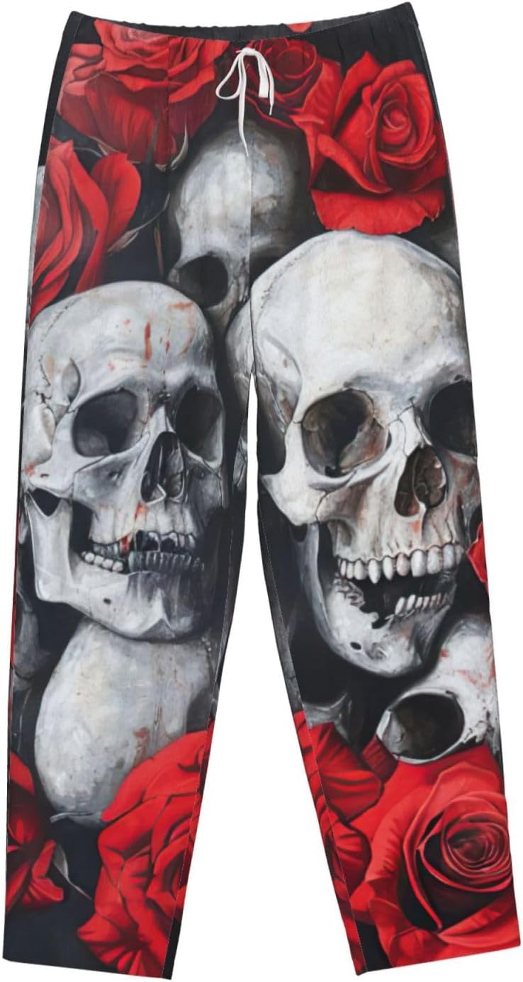Skull And Red Rose Print Fashion Cozy Womens Flannel Pajama Pants,Perfect For Christmas And Everyday Wear