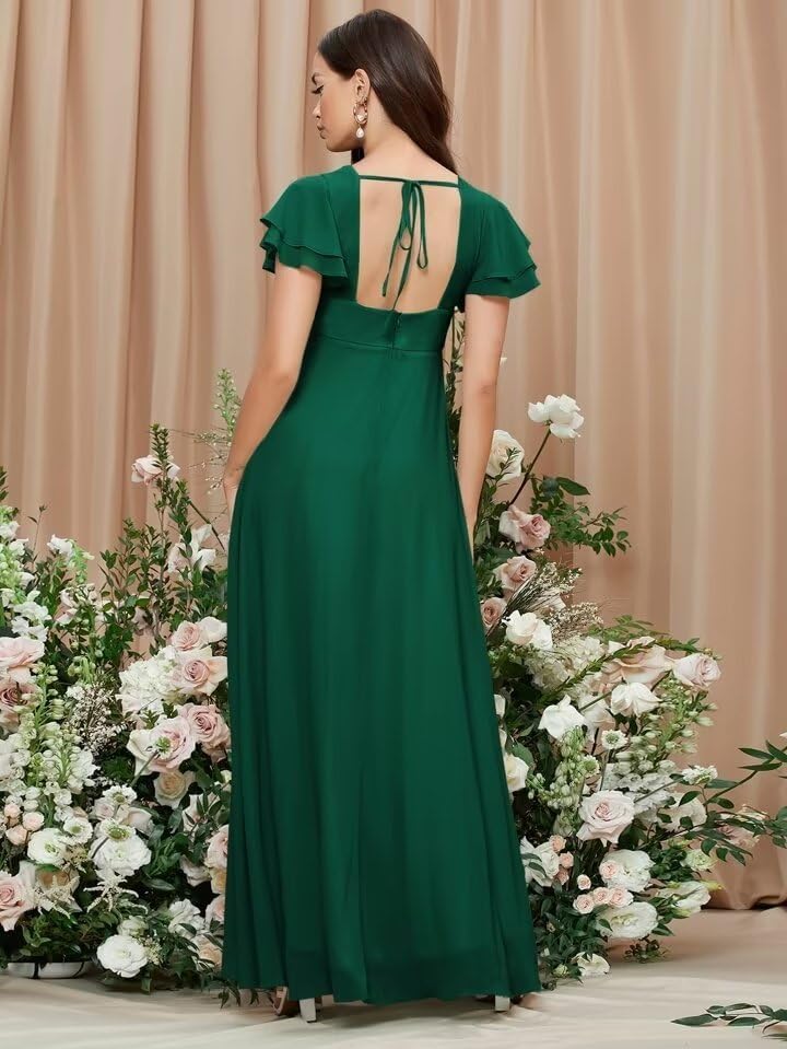 Miniatura 3 de Leeskoot Vestidos de dama de honor con mangas con vuelo para mujer, para boda, 2023, largo de gasa, acampanado, cuello en V, vestido de noche con