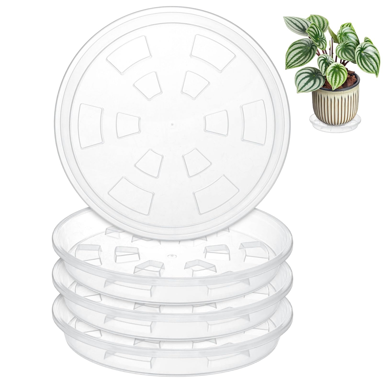 M METERXITY 4-Pack Plant Saucer, 6.3 Inch/16 cm Plastic Plant Trays Thicker for Water Drainage and Protection/Pots/Indoor/Outdoor, Flowerpot Drip Tray [Transparent]