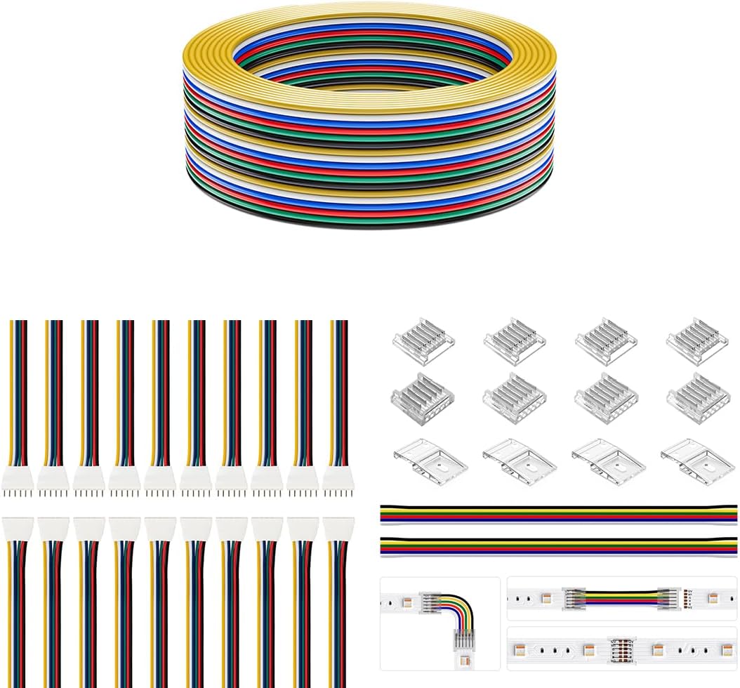 BTF-LIGHTING SMD 6 Pin 12mm 0.47in Width Transparent Connector Kit 6 Pin JST Connector 6 Conductor 24 Gauge Wire Cord 6Pin 24AWG 32.8ft/10m 6 Color Cable Extension Wires for SMD RGBCCT LED Strip