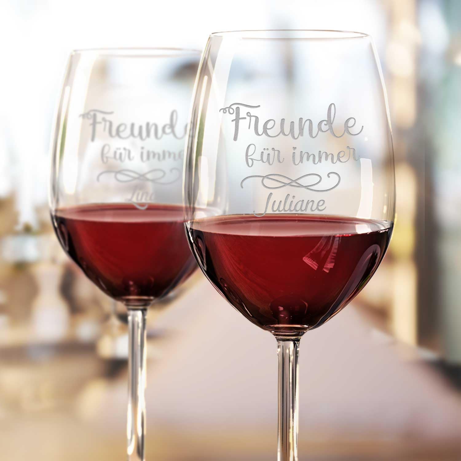 GRAVURZEILE Leonardo Weingläser Geschenkset Freunde für immer mit Namens Gravur inkl. gravierter Vintage Holzkiste - Geschenkset für die beste Freundin - Mädelsabend bei Gutem Wein