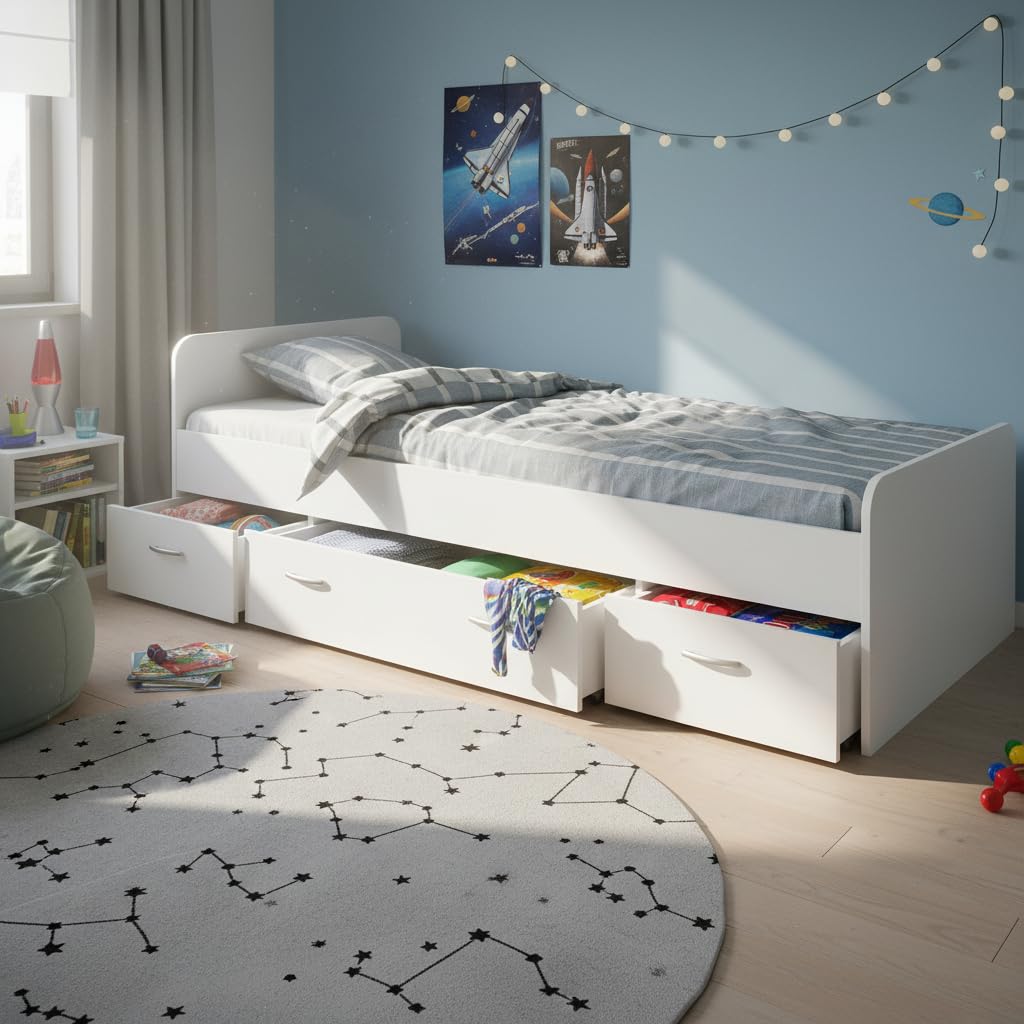 Boro Modernes Einzelbett mit 3X Schubkästen 90 x 200 cm - Praktisches Jugendzimmer Kojenbett in Weiß - 95 x 66 x 204 cm (B/H/T)