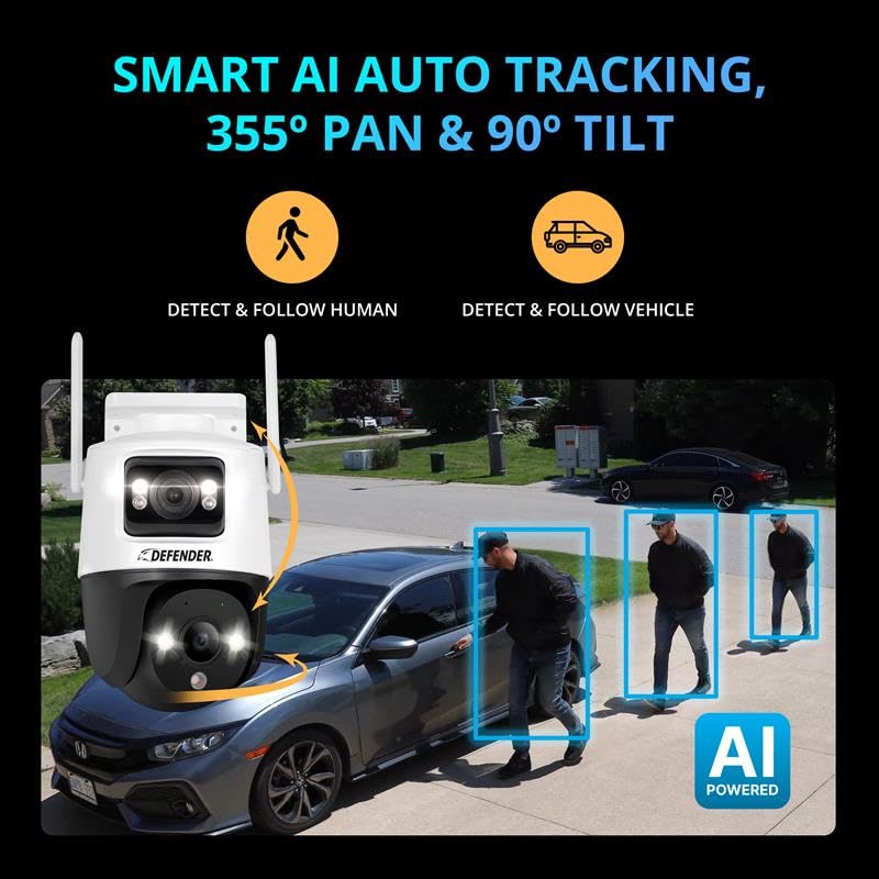 Defender AI POWERED Guard Pro 3K PLUS Dual Lens PTZ WiFi 6/Bluetooth Security Camera, Plug-in Power Cameras for Home Security with Human/Vehicle Detection Auto-Tracking Night Vision, Mobile App 2 Pack