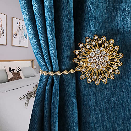 Furijing Magnetic Curtain Tiebacks Sparkling Flower Window Curtain Bind Holdback Buckles Clips Tie Backs Drapery Holders With Stretchable Spring Wire Rope For Decoration- Fwf003-Gold- 2 Pack #TOP30