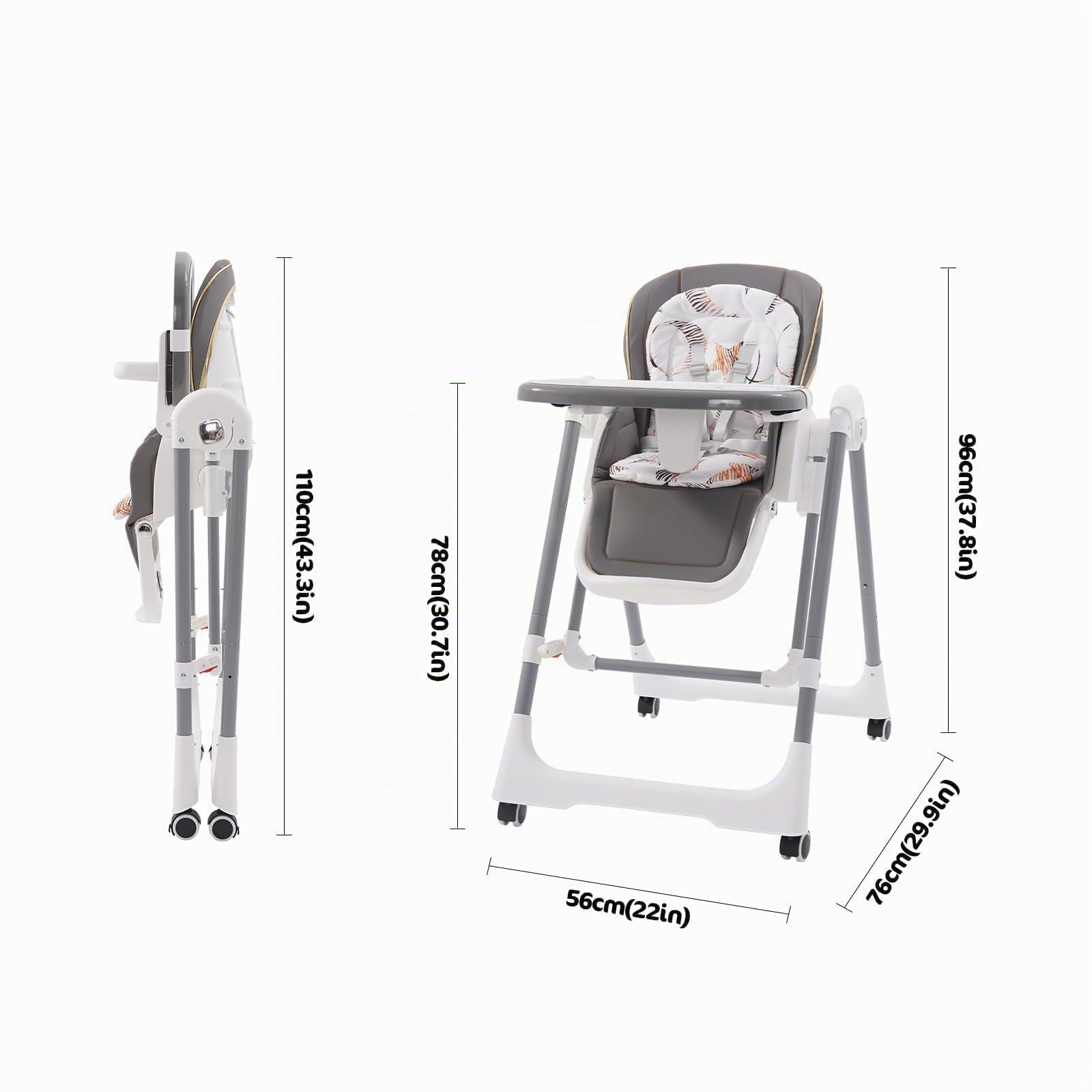 Trona Plegable para Bebé,Silla de Comer con Arnés y Ruedas con Bloqueo,Trona Regulable en Altura con Bandeja Extraíble para Bebés y niños Pequeños.