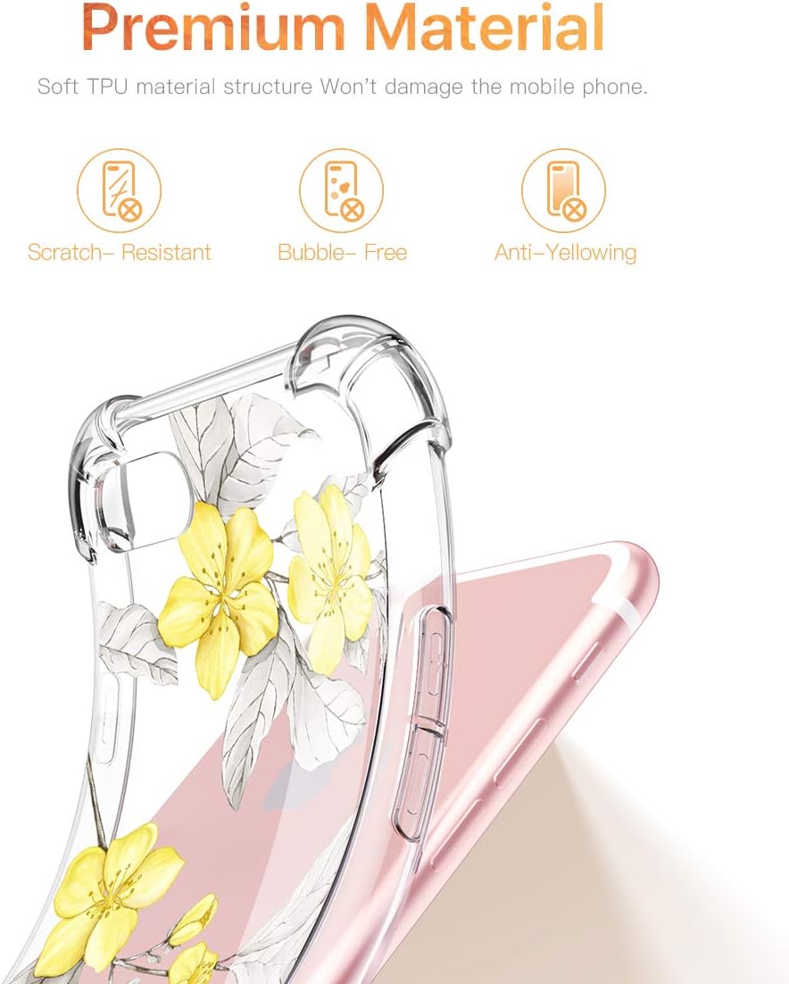 GVIEWIN Clear Flower Designed for iPhone 8 Case/iPhone 7 Case, Soft TPU Silicone Ultra-Thin Slim Fit Transparent Flowers Flexible Cover for iPhone 7, iPhone 8 (Yellow Flowers/White)