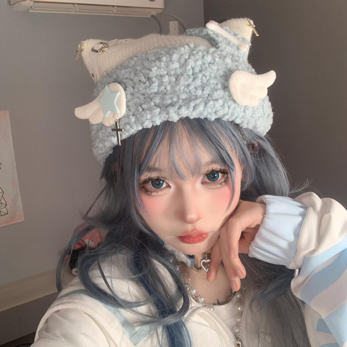 Y2K Cat Ear Beanie for Women - Gothic Punk Knit Hat with Charms, Kawaii Skull Cap Black/Blue/Pink Grunge Streetwear
