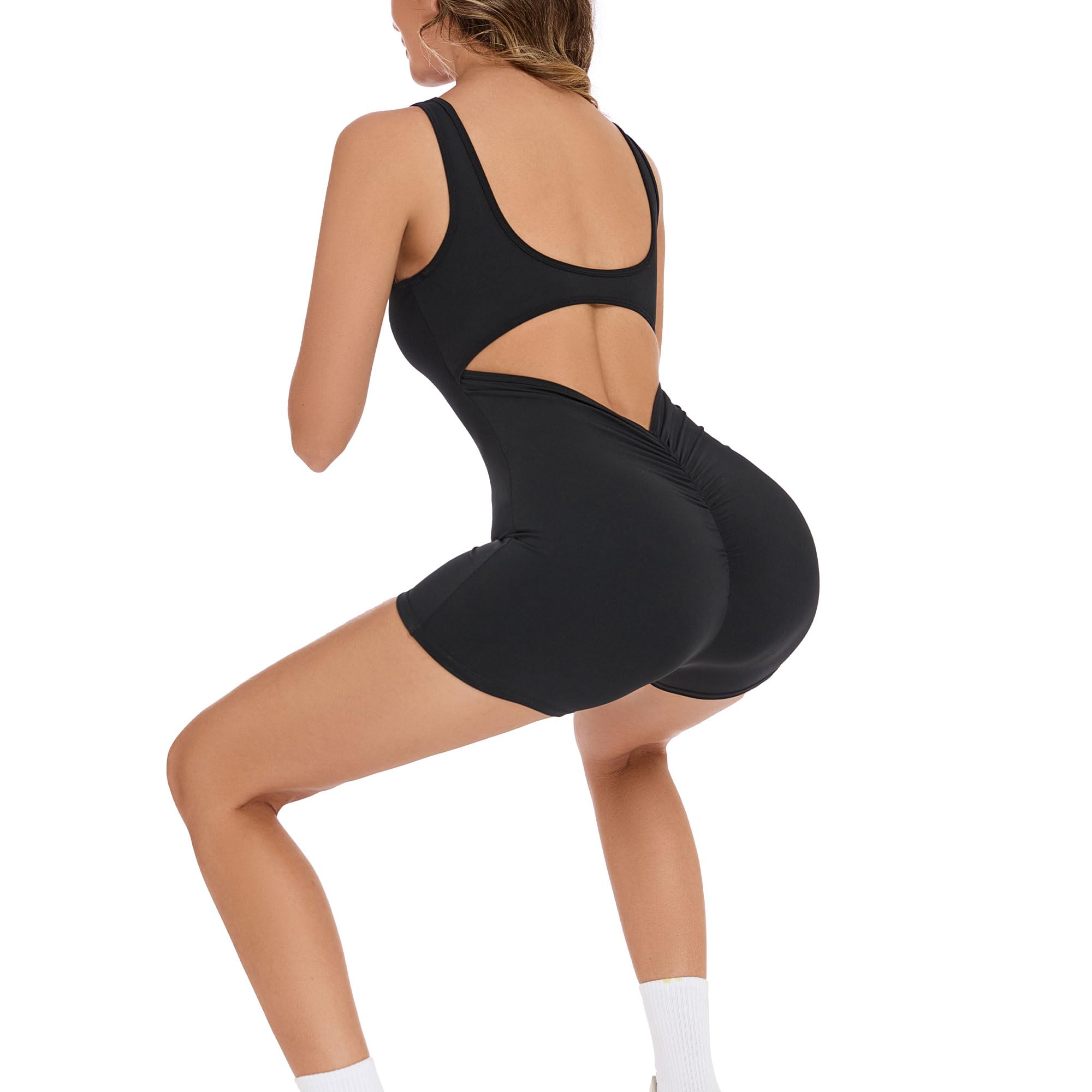 Mono Deportivo Mujer Corto sin Mangas Fitness Jumpsuit Levantamiento de Glúteos Acolchado sin Espalda