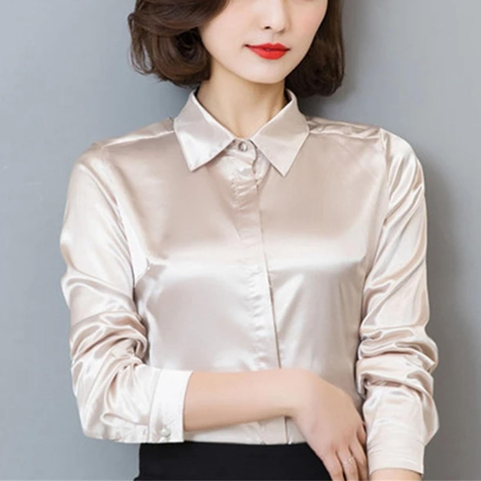 Camisa de seda satinada para mujer, de manga larga, elegante, para el trabajo, color blanco, azul y negro