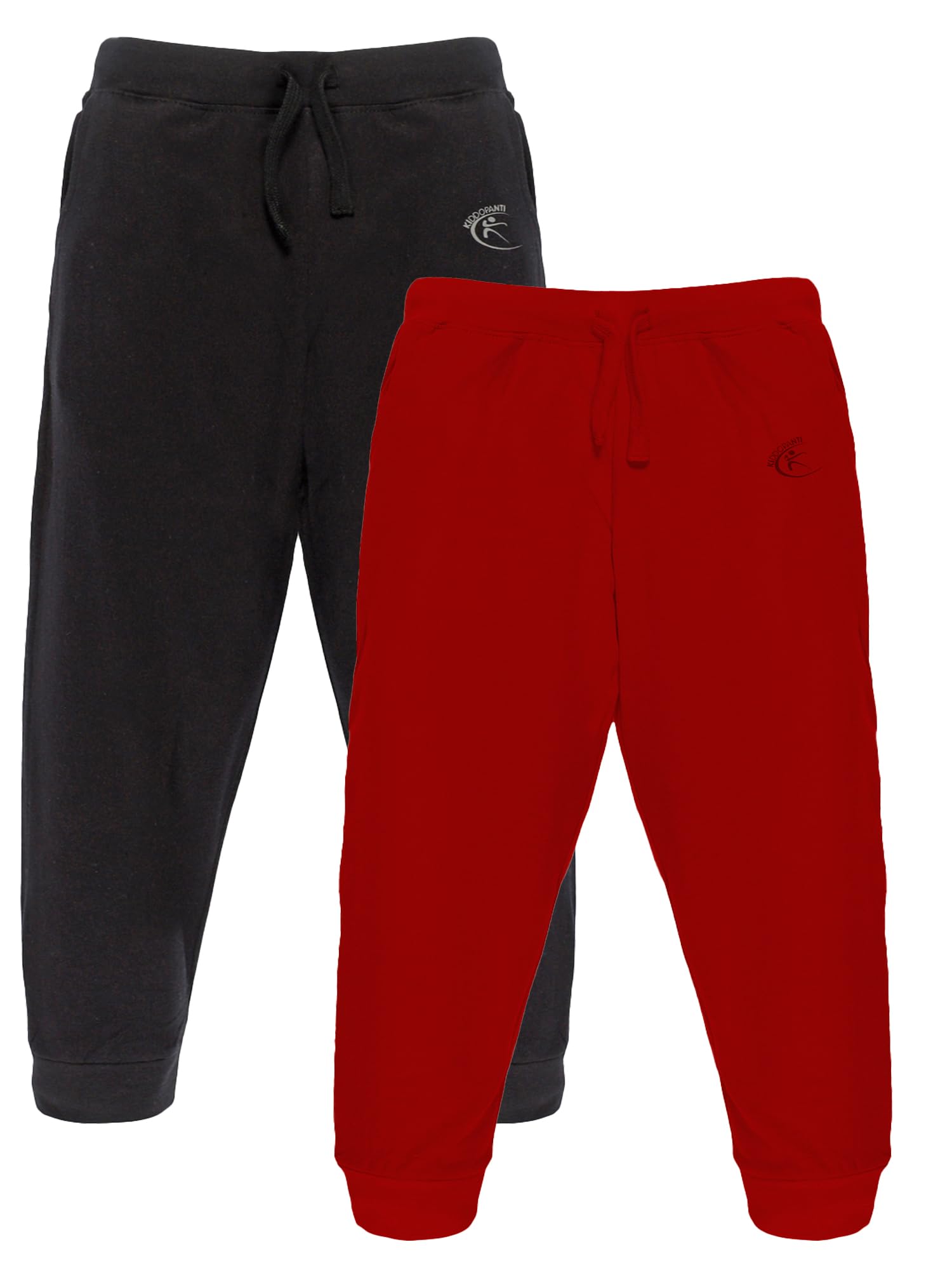 KiddoPanti 100% Cotton Track Pants for Boys & Girls | Soft Single Jersey Fabric | Elastic Waist with Drawcord | Full Length with Rib Hem & Pockets | Joggers for Kids, Jet Black & Red - 3-4Y