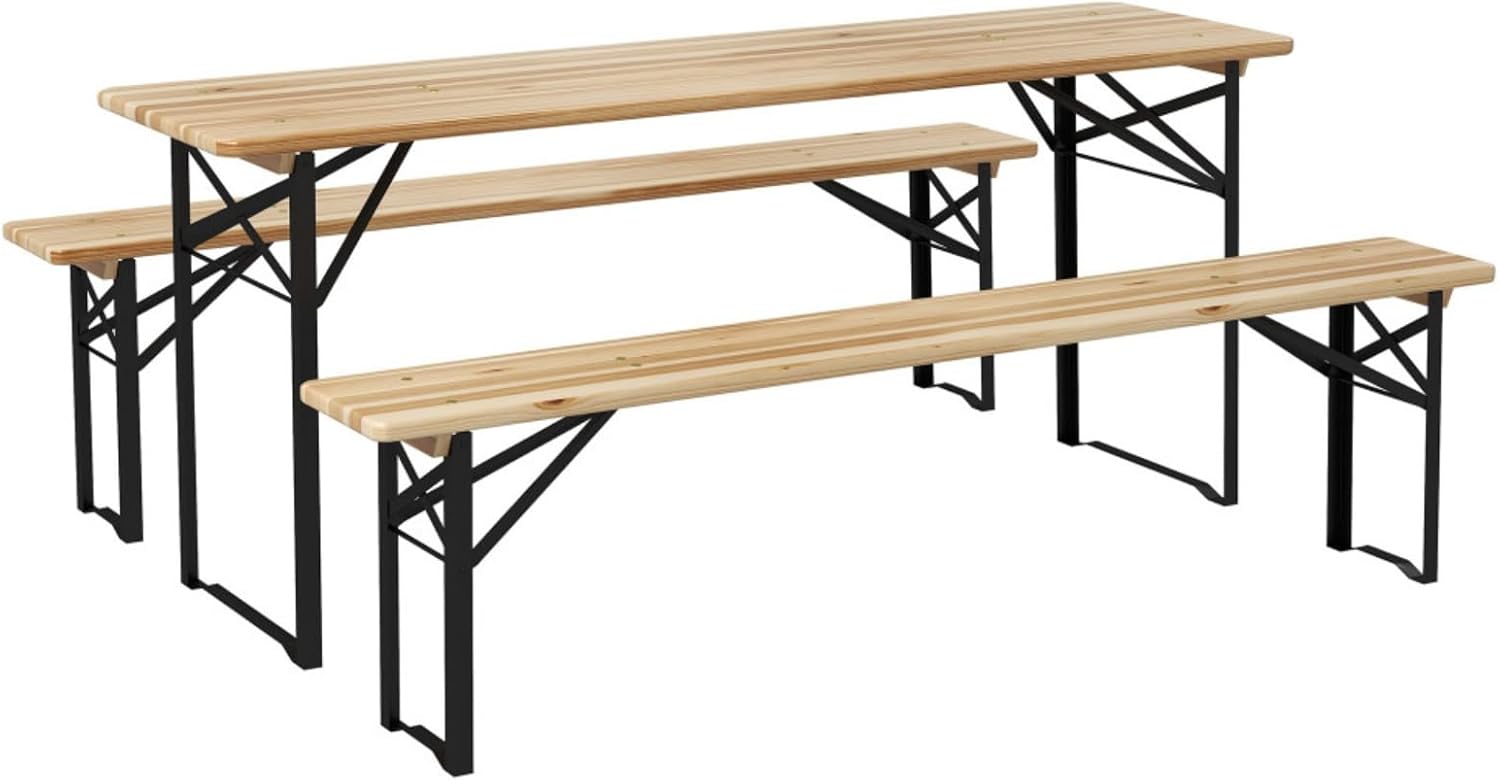 Hassyee 3-Piece Portable Picnic Table and Bench Set for Travel Outing Gathering BBQ Party, Outdoor Wooden Folding Camping Dining Camping Table Set with 2 Long Benches for Dining Room and Kitchen Room