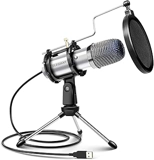 Computer Microphone USB Wired Condenser Gaming Microphone with Tripod Stand & PopFilter Desktop Mic for PS4 PC Zoom Skype Youtube Podcasting Compatible with iMAC Windows - Silver