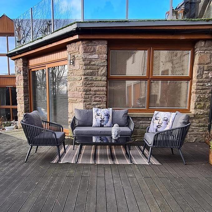 Image of 4 Seater Sofa Outdoor Conversation Patio Garden Rope Furniture Set with Cushion and Center Table Color for Garden /Balcony /Poolside in Grey