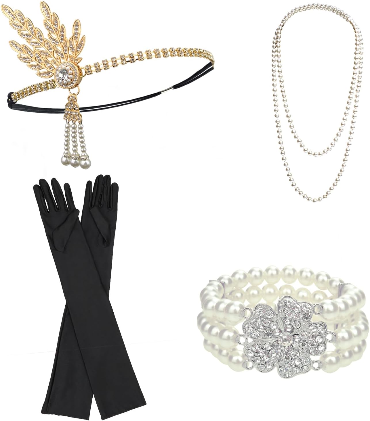 DRESHOW 1920s Great Gatsby Accessories for Women Flapper Headpiece Headband Gloves Costume Harlem Nights Accessories Set