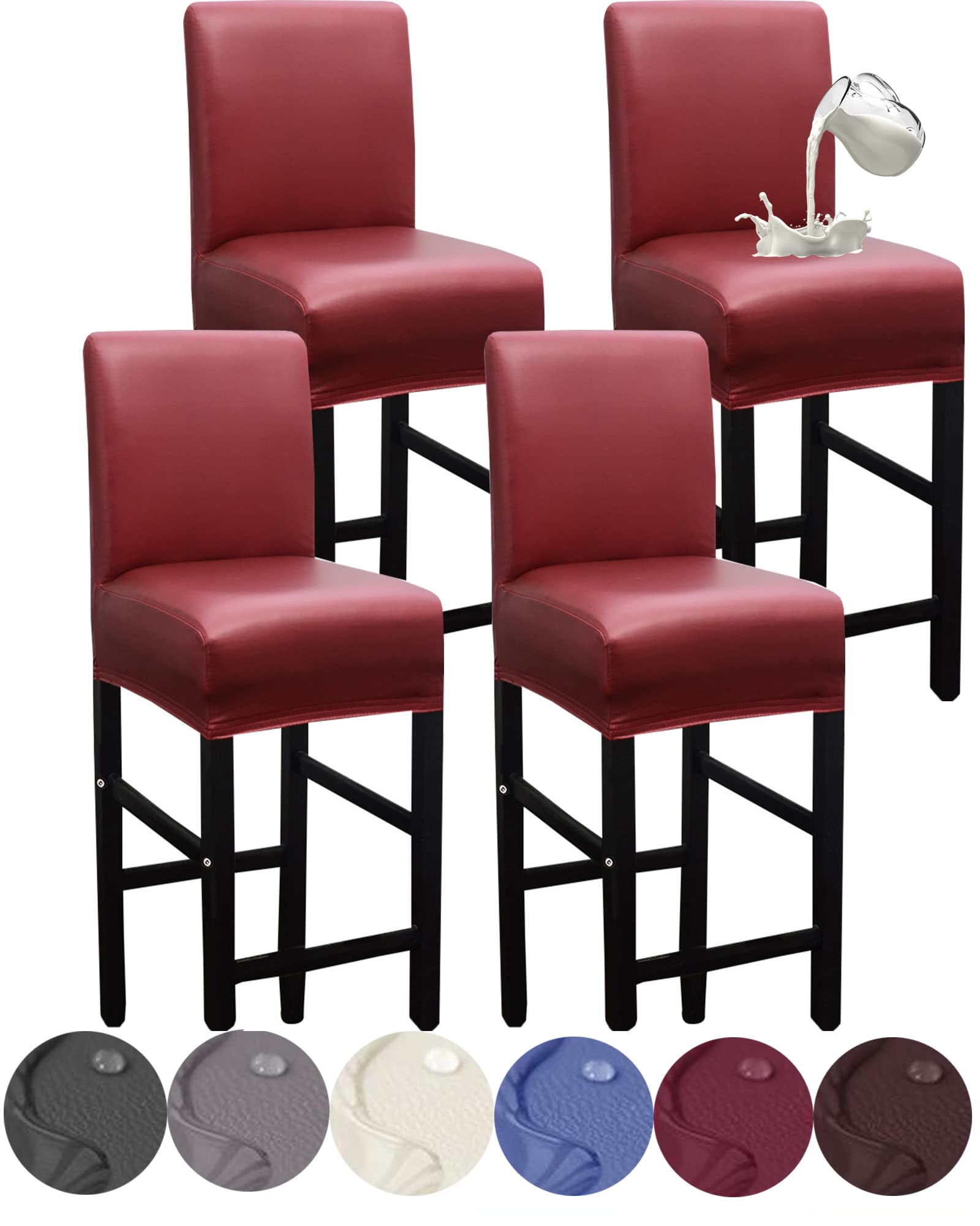 HFCNMY Bar Stool Covers,4 Pack Stretch Waterproof PU Bar Stool Covers with Backs Bar Stool Chair Covers Barstool Covers Slipcovers with Back Pub Counter Stool Chair Covers with Elastic Bands Red